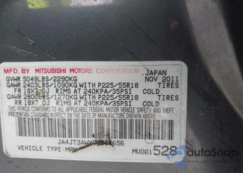 2012 Mitsubishi Outlander Se from USA, damaged, VIN JA4JT3AWXCU014656